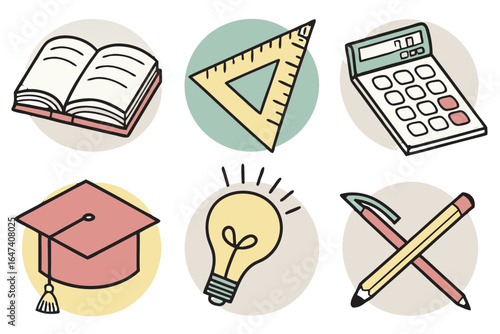 Collection of school and education related icons on a white background
