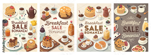 A delightful breakfast sale bonanza featuring colorful pancakes, coffee, and pastries in a cheerful setting.
