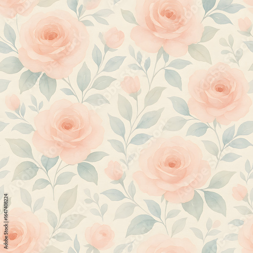 Floral Elegance: A beautiful seamless pattern with soft pastel pink roses with green leaves on a neutral background, creating a charming and timeless design.