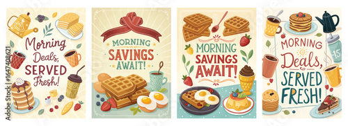 Colorful illustrated breakfast themes promoting morning deals with pancakes, waffles, and eggs.