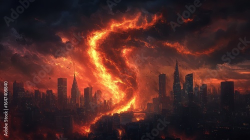 Fiery Apocalypse: Burning City Under a Hellish Sky