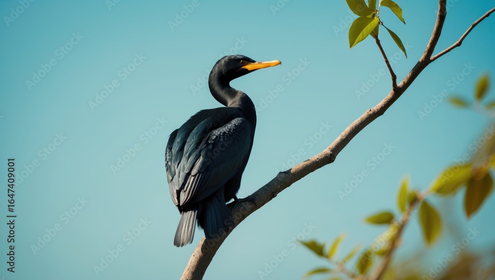 Fototapeta premium A black bird perched on a branch with green leaves against a blue sky background.