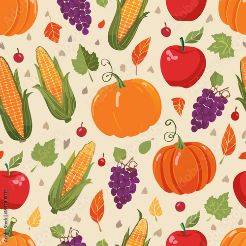 Seamless pattern with pumpkins, apples, grapes, corn, and leaves. Ideal for fall, Thanksgiving, and seasonal designs