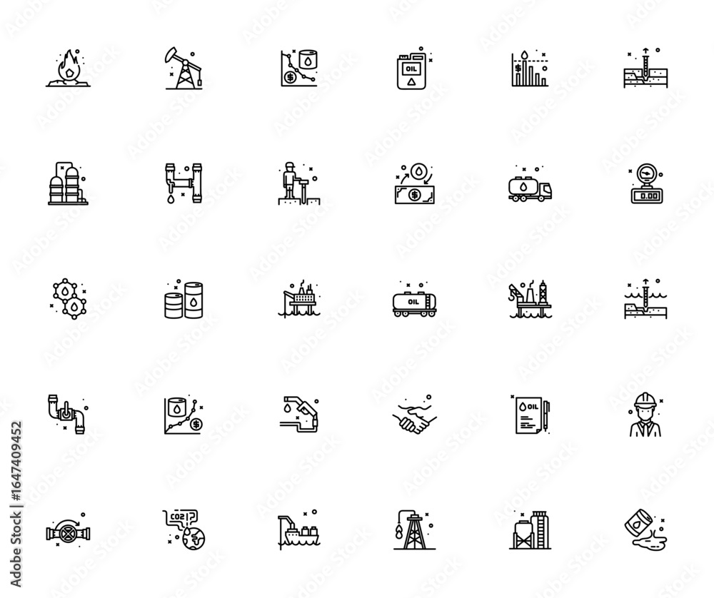 Fototapeta premium Petrol Industry icon set. Vector illustration. Oil and gas symbols pack. Includes pump, drill, pipe, tank, barrel, worker, gauge, molecule, fire, gasoline, deal, pollution and more. Editable stroke.