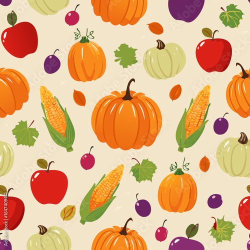 Seamless pattern with pumpkins, apples, grapes, corn, and leaves. Ideal for fall, Thanksgiving, and seasonal designs