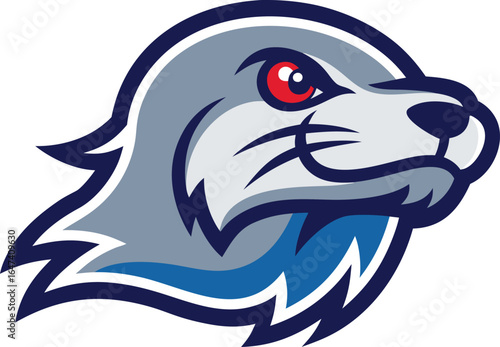 Aggressive seal mascot head with red eye and blue accents
