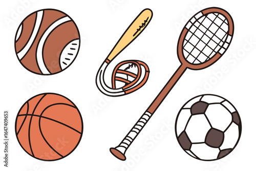 Collection of sports balls and equipment isolated on white background