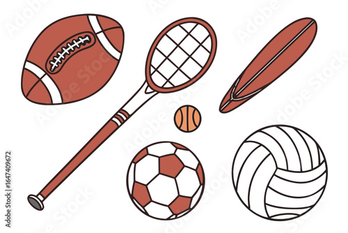 Assorted sports equipment including balls and racquets isolated on white