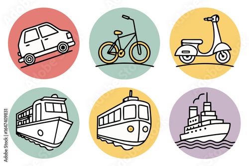 Set of diverse transportation icons in circles