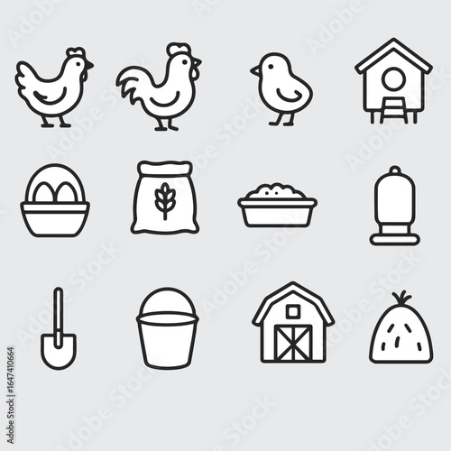 Outline Farm Icons Set – Chickens, Animals, and Tools in Minimal Line Art
