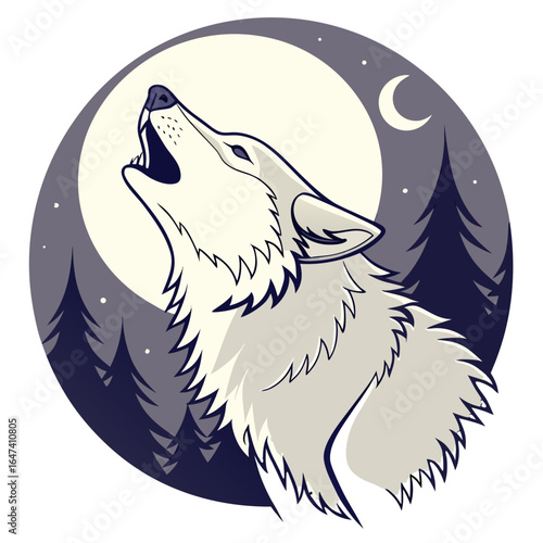 Wolf howling at the moon in a dark forest