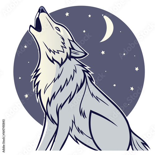 A wolf howls at the moon and stars in the night sky