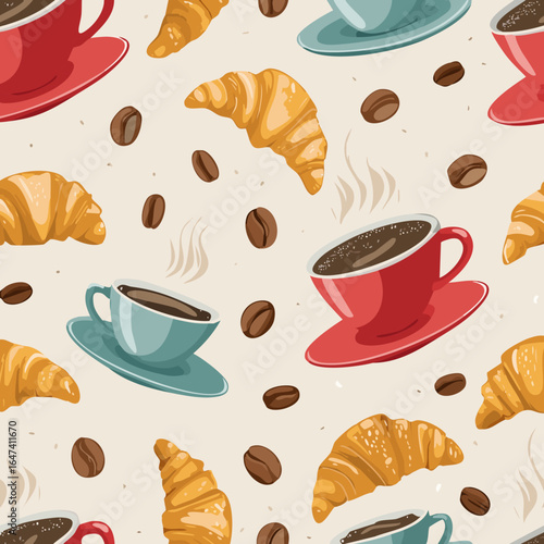 Seamless pattern with croissants, coffee cups, and coffee beans on a light background. Perfect for café, bakery, and breakfast themes