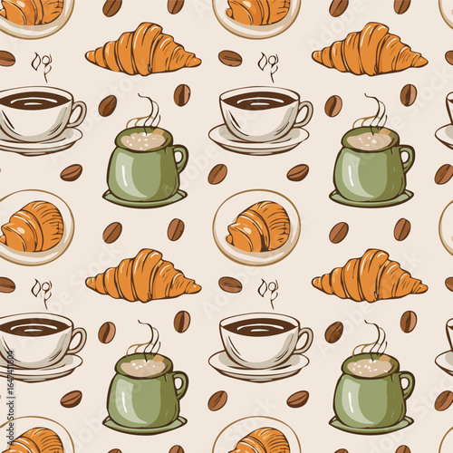 Seamless pattern with croissants, coffee cups, and coffee beans on a light background. Perfect for café, bakery, and breakfast themes