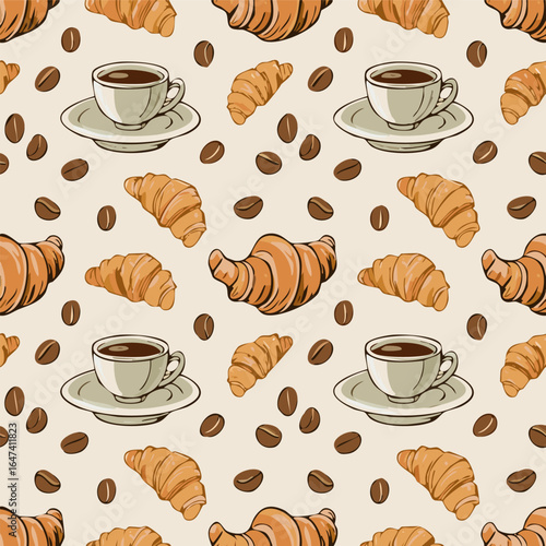 Seamless pattern with croissants, coffee cups, and coffee beans on a light background. Perfect for café, bakery, and breakfast themes