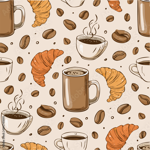 Seamless pattern with croissants, coffee cups, and coffee beans on a light background. Perfect for café, bakery, and breakfast themes