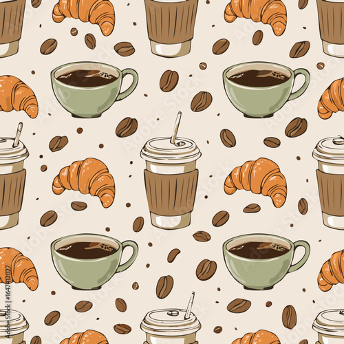Seamless pattern with croissants, coffee cups, and coffee beans on a light background. Perfect for café, bakery, and breakfast themes