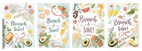 Colorful brunch-themed illustrations featuring various dishes and drinks, inviting celebrations with friends.