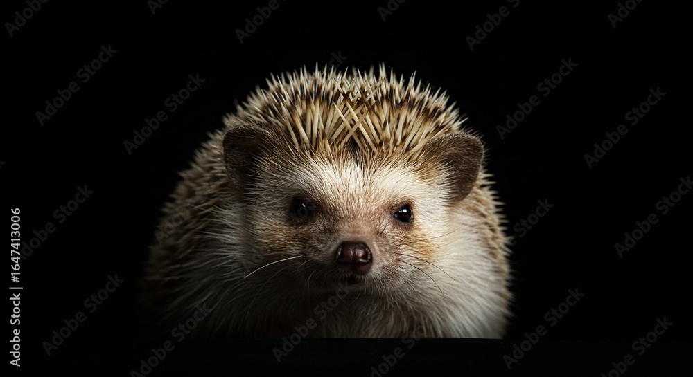Obraz premium Close up portrait of cute african pygmy hedgehog pet on black background studio shot for animal lovers