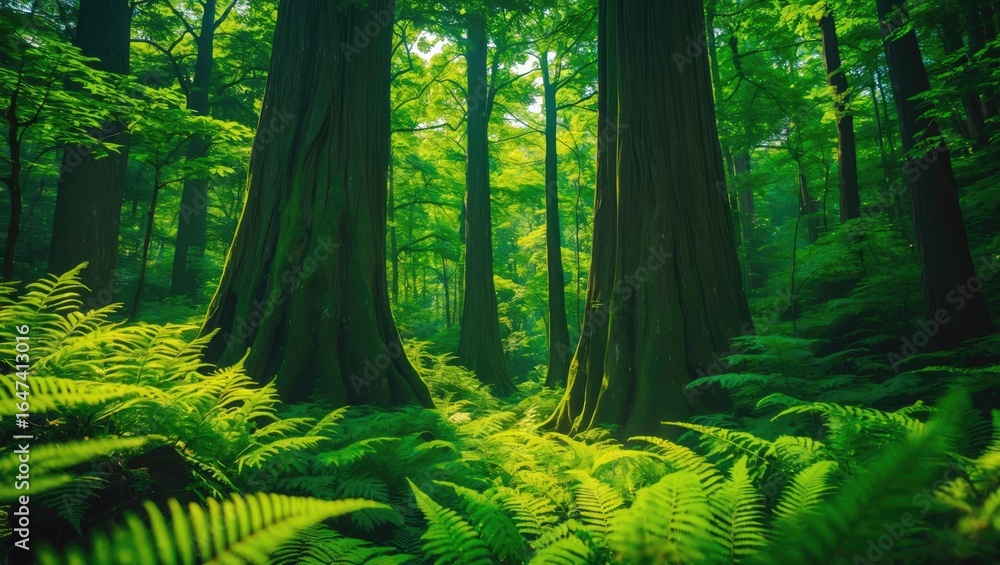Obraz premium Lush green forest scene with tall trees and dense undergrowth. Nature and woodland environment. Forest landscape and greenery. The scene of a vibrant and thriving forest.