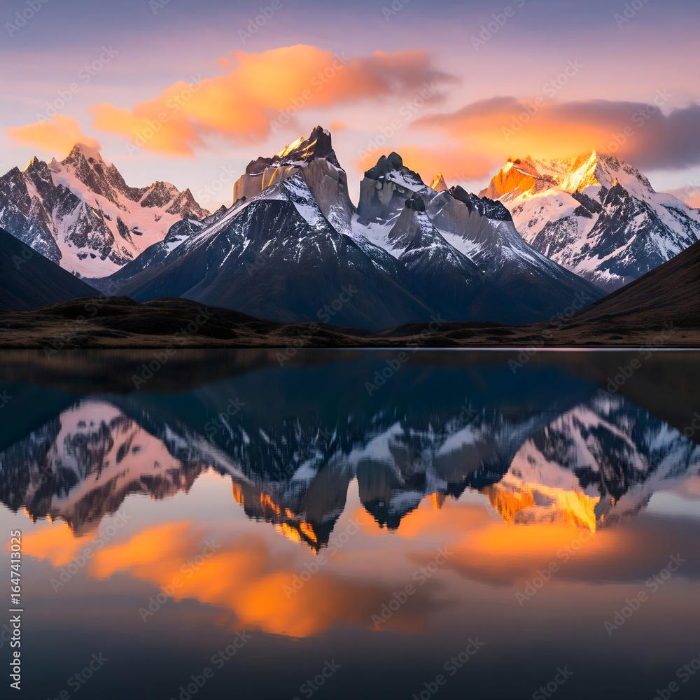 Obraz premium Golden Sunrise over Snow-Capped Peaks Reflected in a Patagonian Lake