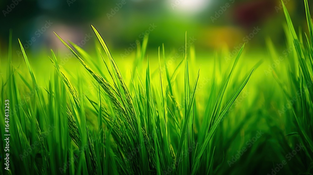 Obraz premium Lush Green Grass Field Close-up with Soft Focus Background, Perfect for Agriculture and Nature-Themed Projects
