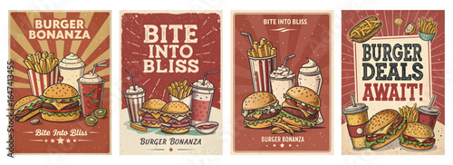 Colorful retro burger advertisement featuring delicious burgers, fries, and drinks in a fun setting.