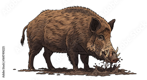 powerful wild boar rooting in mud perfect for hunting wildlife and nature documentaries illustrative style