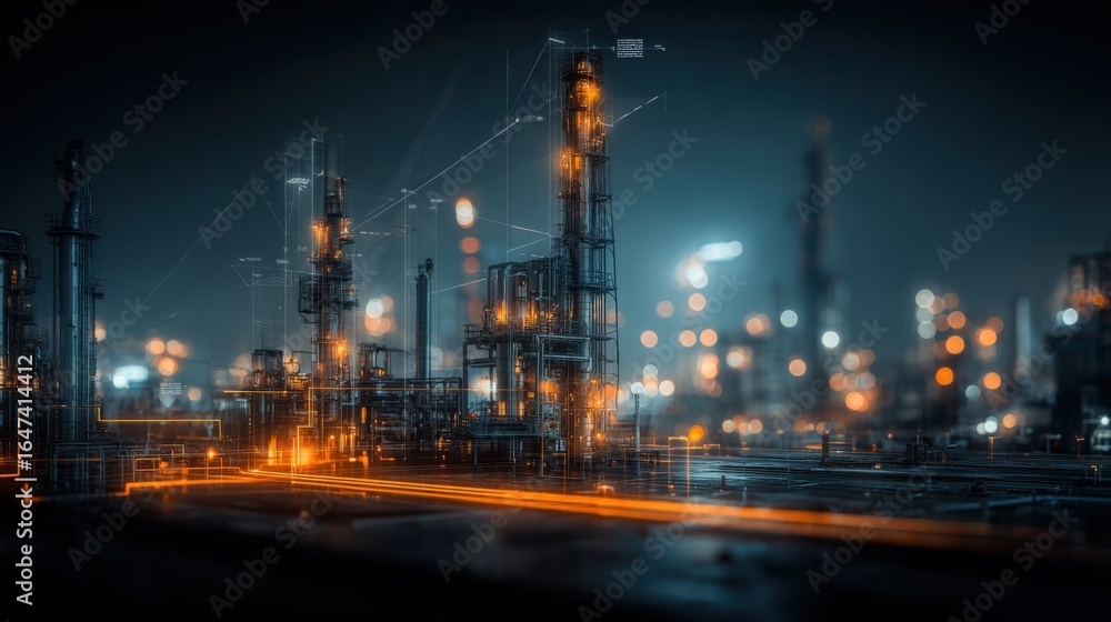 Fototapeta premium Illuminated Oil Refinery at Night: Complex Industrial Plant with Modern Architecture and Technological Infrastructure