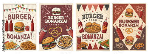 Colorful vintage burger-themed posters featuring burgers and snacks with playful design elements.