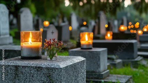Candle flame glowing softly on granite tombstone with flower bouquet in peaceful cemetery at dusk, evoking calm and remembrance ambiance