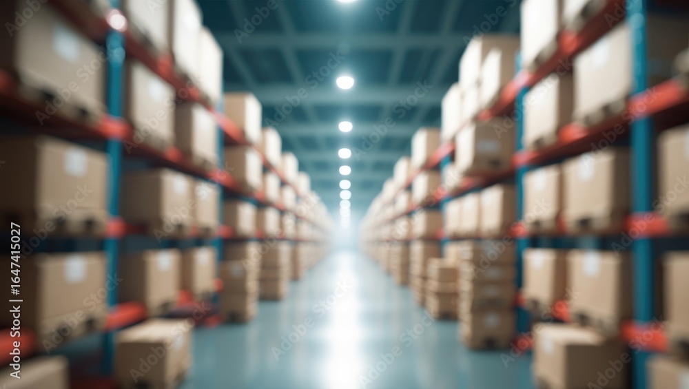 Obraz premium Warehouse storage with shelves filled with boxes and packages. Logistics, inventory, and supply chain concept. Storage facility and organizational system.
