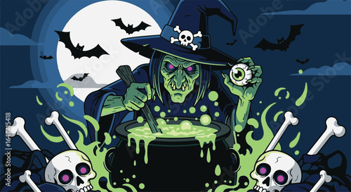 Spooky Halloween witch making a magic potion