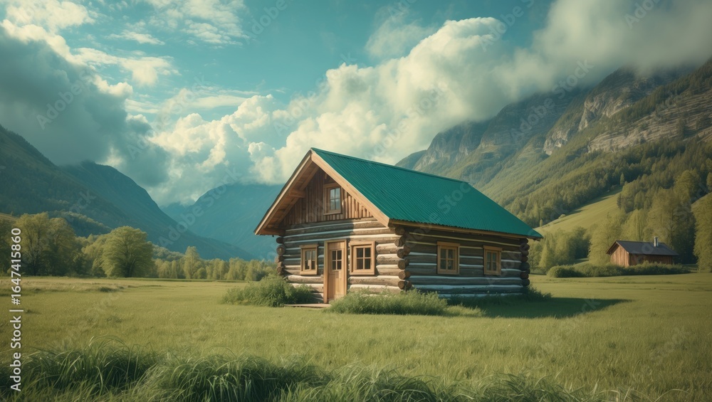Fototapeta premium A solitary log cabin in a lush green field with mountains and clouds in the background.