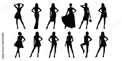 Silhouettes of twelve women in stylish poses with varied outfits and accessories, showcasing fashion diversity, elegance, and expression