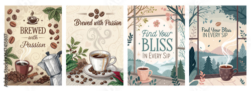 Four artistic coffee-themed illustrations featuring cups, beans, and serene settings that evoke warmth.