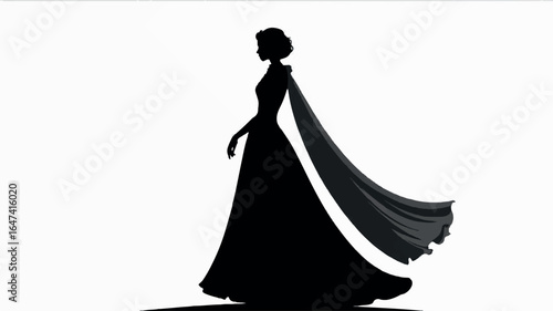 A black silhouette of a woman in a flowing evening gown against a pure white background 