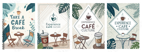 Charming caf� culture illustrations featuring outdoor seating, coffee cups, and lush greenery.
