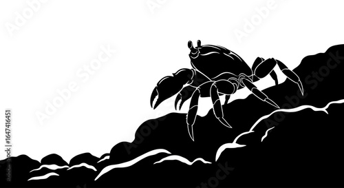 powerful crab silhouette on rocky shore versatile black and white illustration for nature nautical and coastal designs