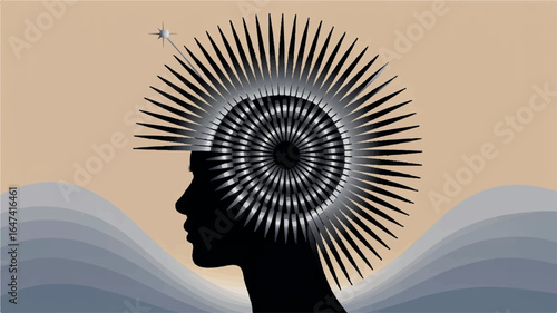 A stylized digital art profile silhouette of a person with an elaborate, spiky mohawk hairstyle against a gradient background.