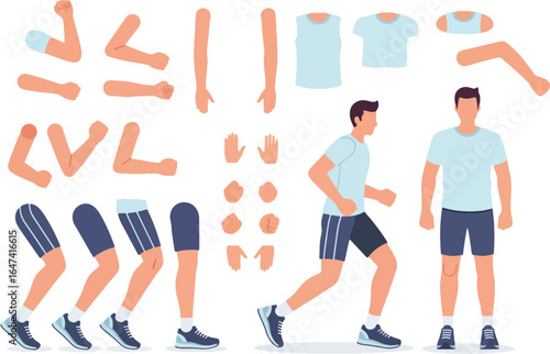 Male character constructor for animation, with separate body parts for running poses.