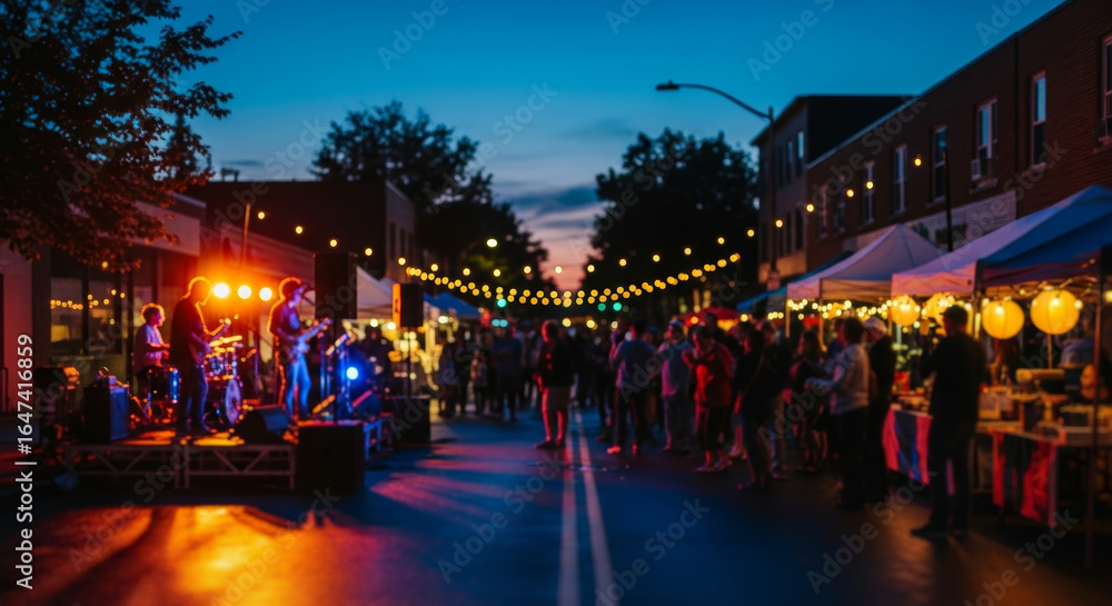 Naklejka premium An evening street festival with a live music band on stage and crowds enjoying the event at dusk.