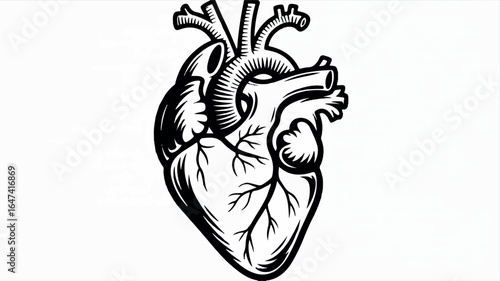 A black and white anatomical illustration of a human heart in a stylized woodcut or linocut art style.
