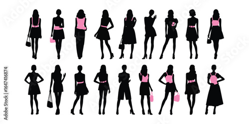Stylized female silhouettes in diverse fashion poses with pink accents, showcasing modern style, elegance, and individuality