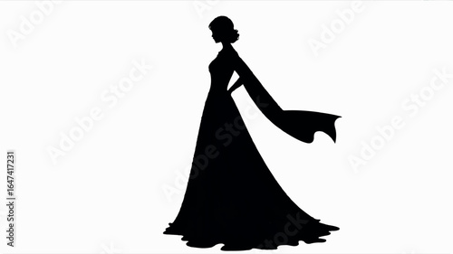 A black silhouette of a woman in a flowing evening gown against a pure white background 