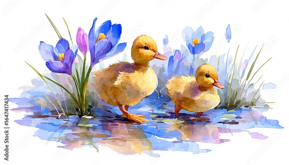 Naklejka premium UROCZE KACZĄTKA W AKWARELI PRZY STAWIE