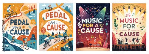 Colorful illustrations promoting cycling and music events for charity.