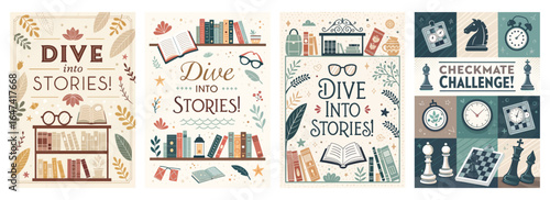 Colorful illustrations featuring books, chess, and reading themes, perfect for storytelling inspiration.