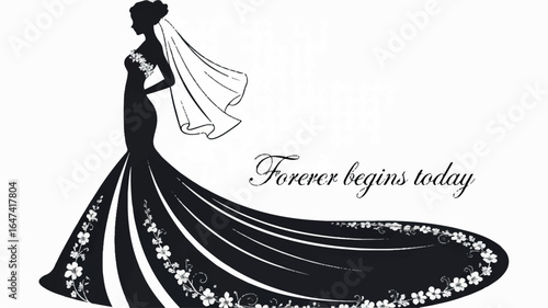 A black and white silhouette illustration of a bride in a long, flowing wedding gown with a dramatic train 