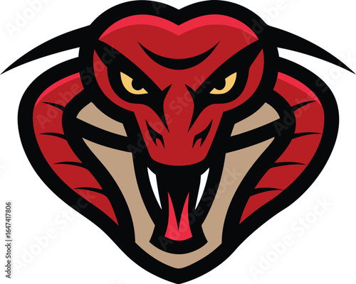 Fierce red cobra head logo with yellow eyes and fangs